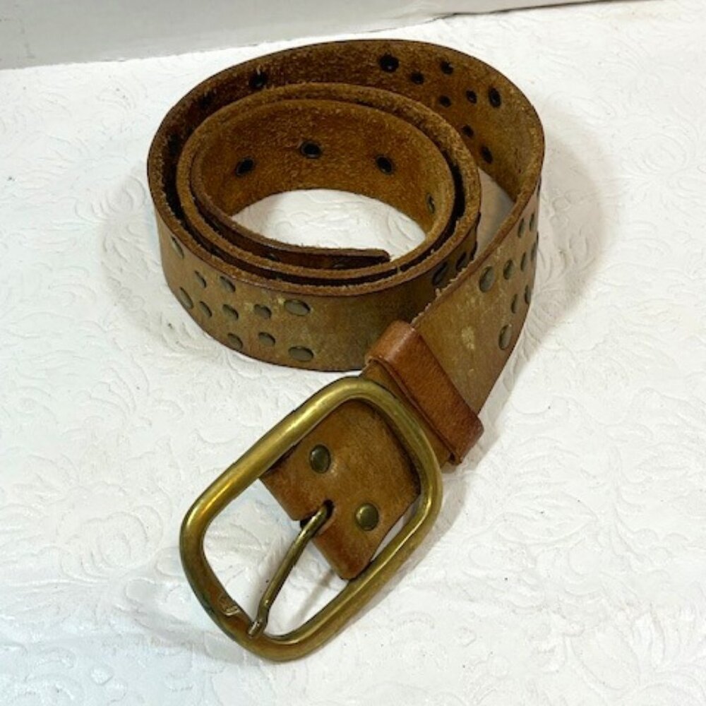 Light Brown Gold Tinted Leather Brass Buckle & Studs Western Belt Sm